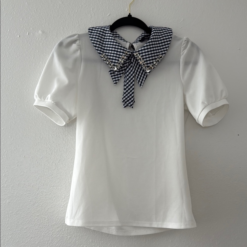 White and Navy Blue Blouse with Plaid Bow Collar